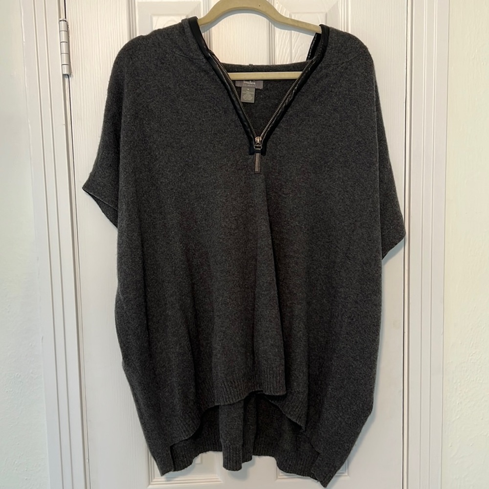 Neiman Marcus Cashmere Grey Hooded Sweater/Poncho with Leather Detailing